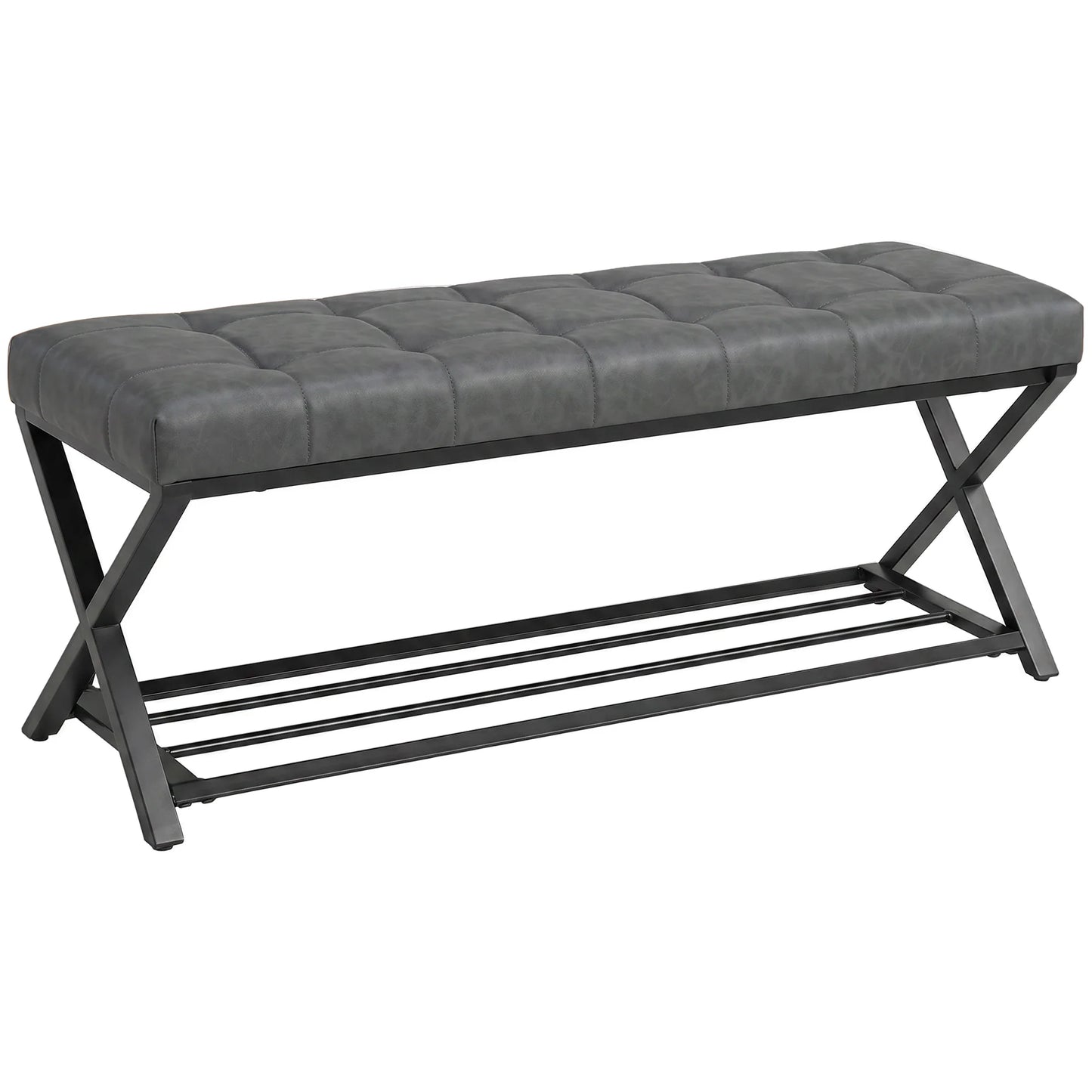 HOMCOM Gepolsterte Schuhbank mit Stauraum — Industrial X‑Frame Stahl, PU‑Kunstleder, 220 kg Tragfähigkeit, 112×37×47 cm, Dunkelgrau
