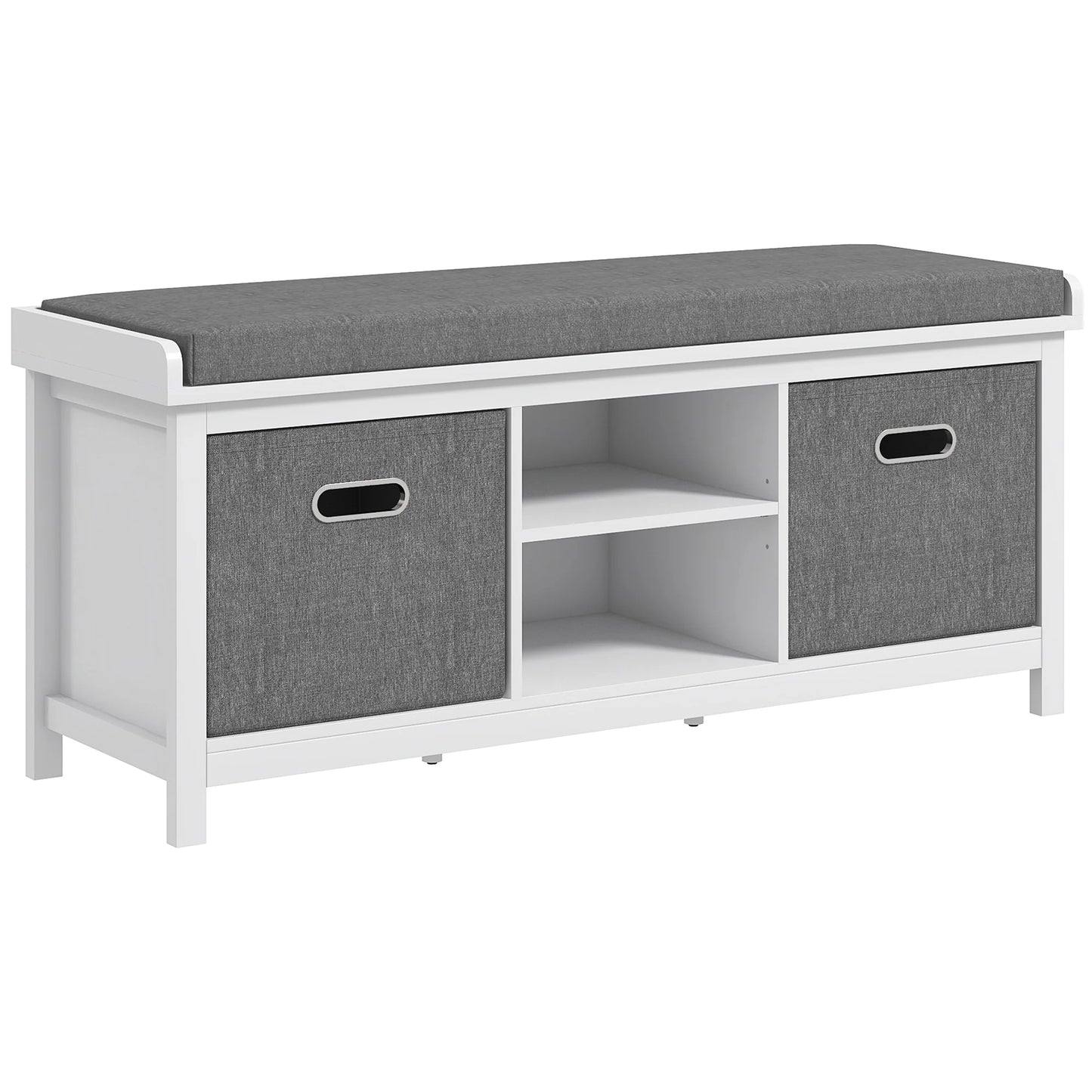 HOMCOM Schuhe-Bank mit verstellbarem 3-stufigem Regal, 2 abnehmbaren Schubladen und Polster, Möbel aus Spanplatte, 105x35x47 cm, Weiß und Grau