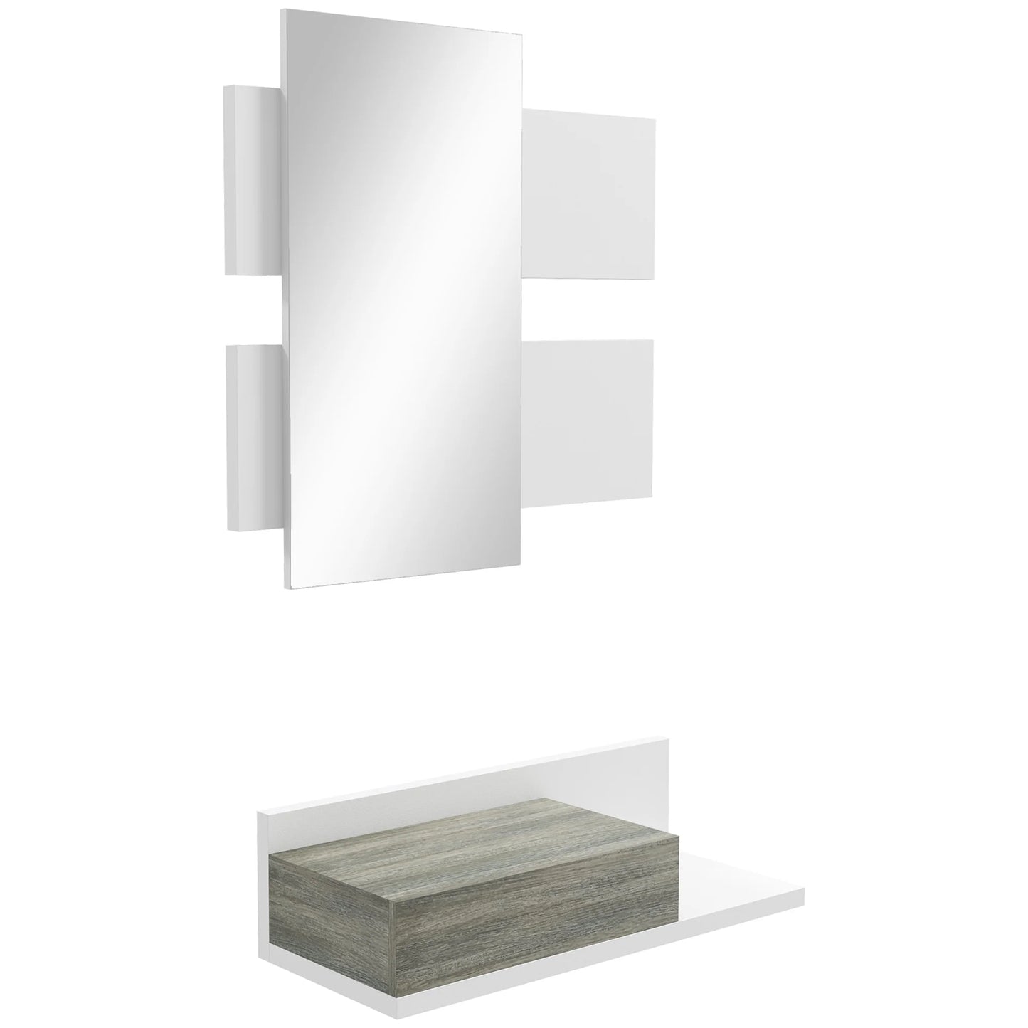 HOMCOM Flureinrichtungsset mit Spiegel und Schublade, Wandmontage, Moderner Stil 75x3,5x75 cm und 75x30,5x20 cm Grau und Weiß