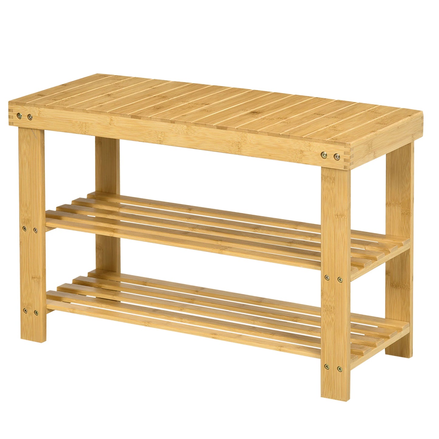 HOMCOM Schuhbank mit Sitzfläche, Bambus Sitzbank mit Stauraum, Schuhregal mit 2 offenen Fächern Garderobenbank für Wohnzimmer, Flur, 70 x 28 x 45 cm Natur