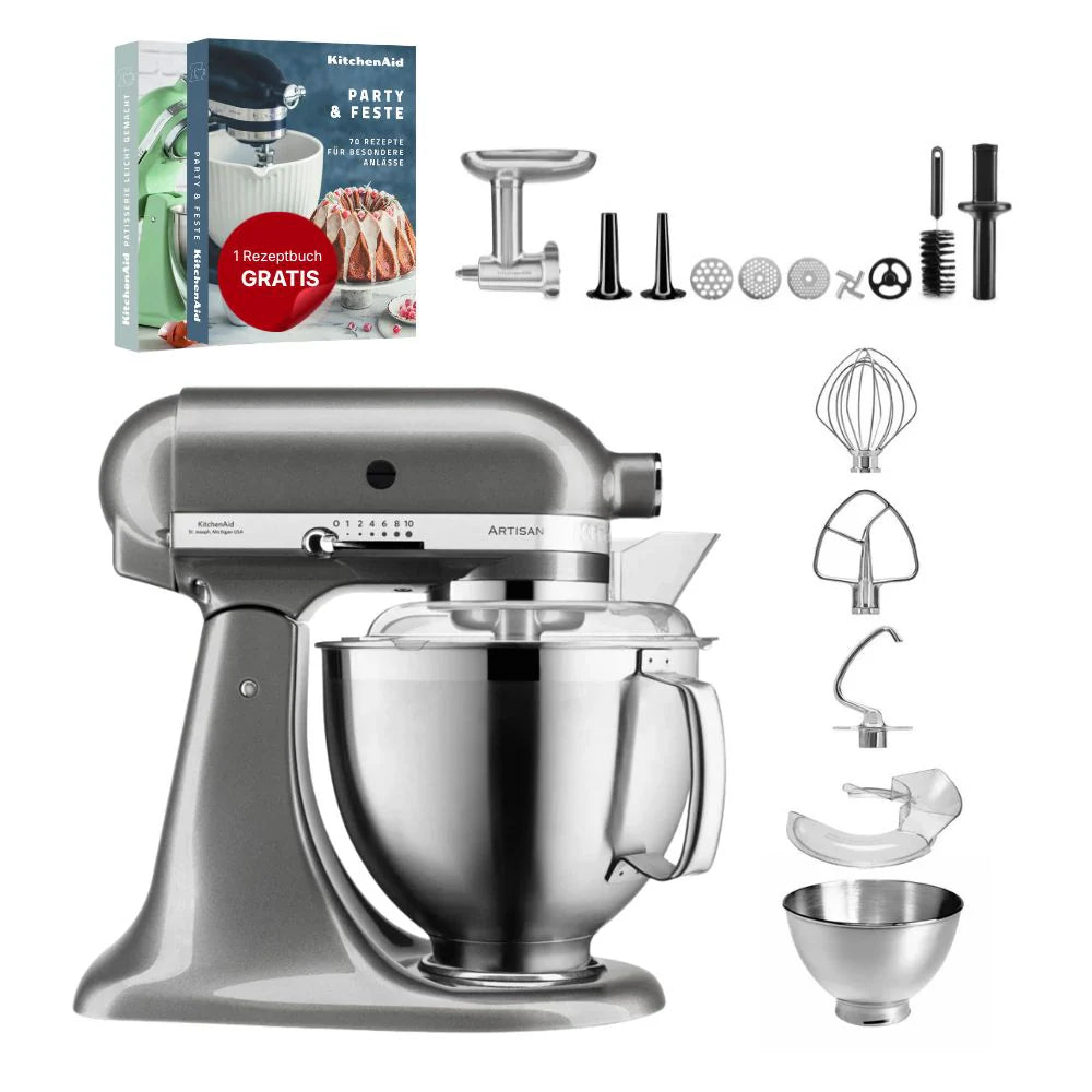 KitchenAid 4,8 L 5KSM185 Artisan Küchenmaschine Meatlover Metallfleischwolf 5KSMMGA Gr. 8 und Spritzgebäckvorsatz