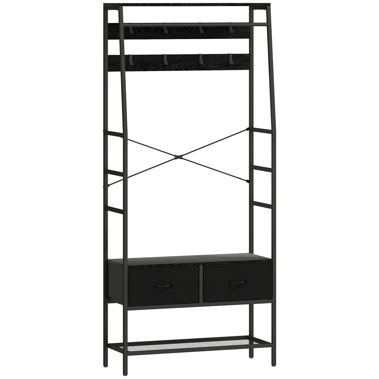 HOMCOM Garderobenständer, Kleiderstange mit Schuhregal, 2 Stoffschubladen, Garderobe mit 8 Haken, Regal, Garderobenständer mit Kippschutz, für Eingangsbereich, Flur, Schlafzimmer, Schwarz