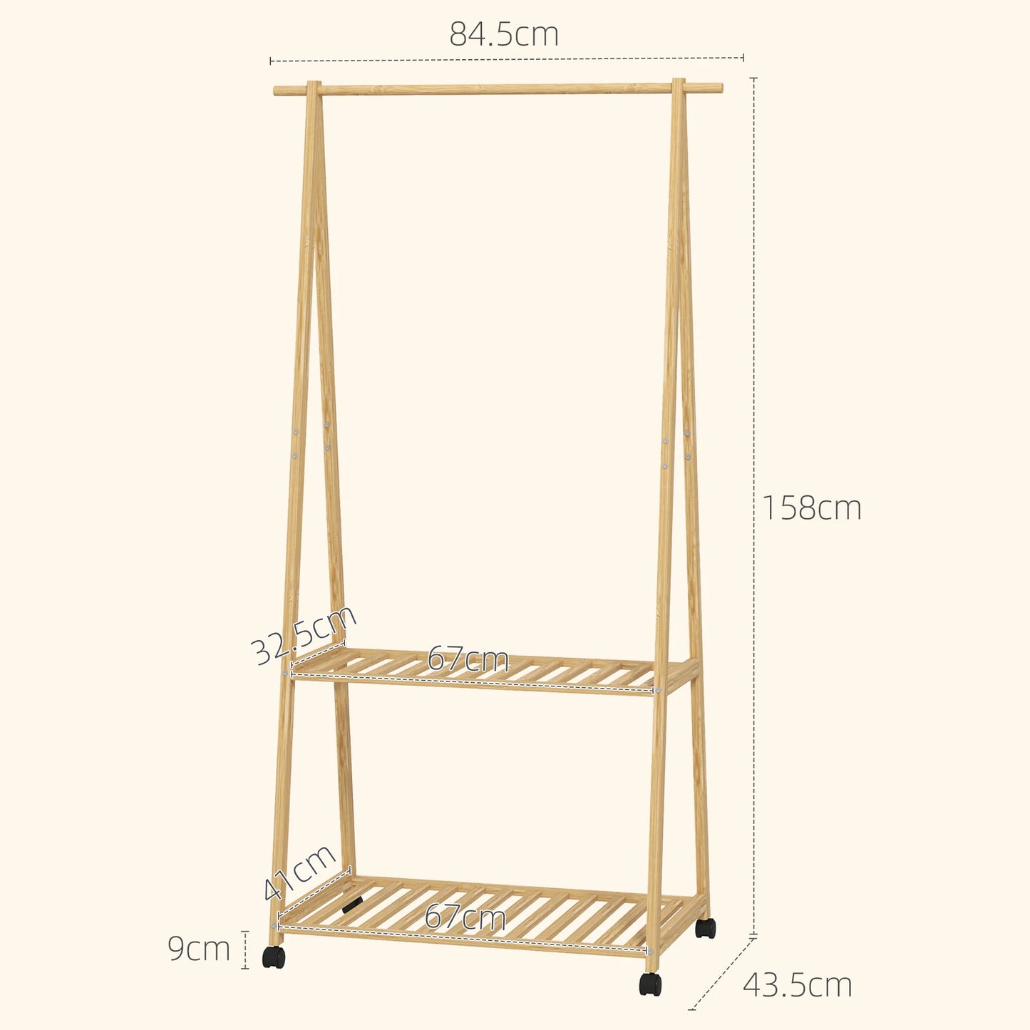 HOMCOM Bambus Kleiderständer mit Rollen, 2 offenen Regalen und 2 Haken, Kleiderständer für Eingangsbereich, Flur, Schlafzimmer 84,5x43,5x158 cm Natur