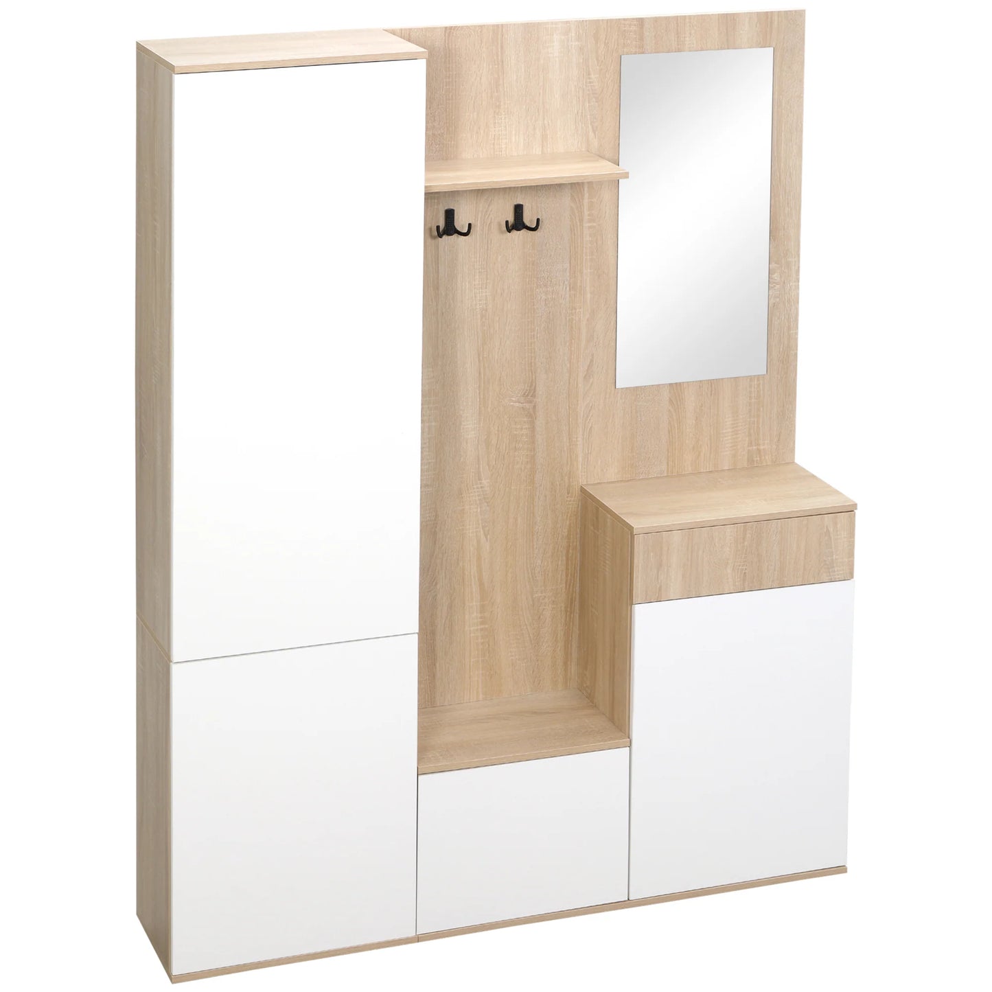 HOMCOM 4-in-1 Garderobenständer mit Spiegel, Haken und verstellbaren Regalen, multifunktionales Möbelstück für den Eingangsbereich aus Holz mit Schublade, 145x29x184 cm, Naturholz und Weiß