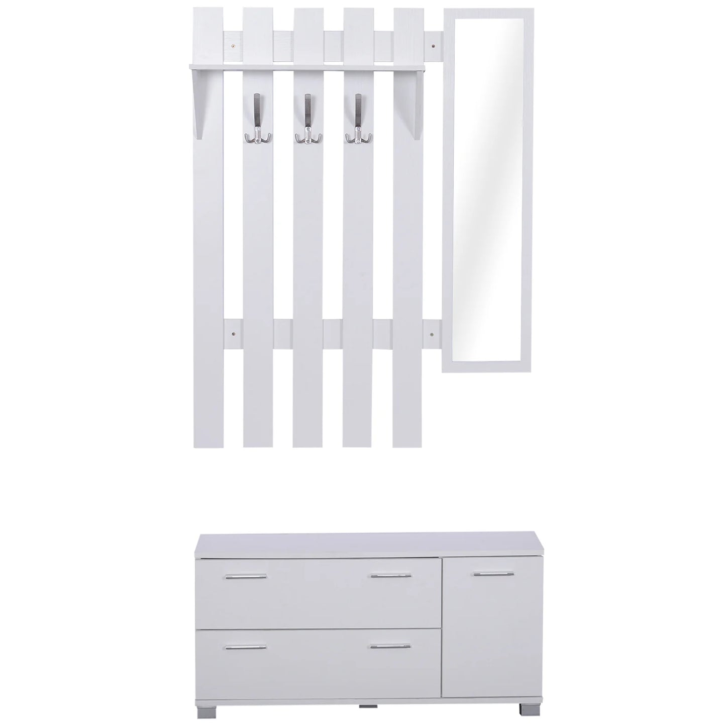 HOMCOM Eingangsset mit Spiegel, Garderobe und Schuhschrank – Eingangsbereich Möbel mit 3 Haken, Regal und 2 Schubladen für Diele in Weiß