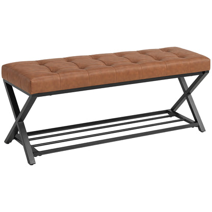 HOMCOM Schuhbank mit gepolstertem Sitz, Schuhregal, Industrial X-Rahmen aus Stahl, PU-Leder, belastbar bis 220 kg, 112 x 37 x 47 cm, Braun