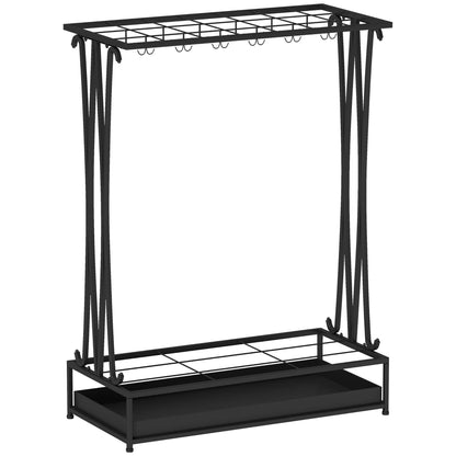 HOMCOM Regenschirmständer aus Stahl Rechteckiger Regenschirmhalter mit 24 Haken, 21 Öffnungen, Abnehmbarer Wassertropfschale für Gehstöcke & Regenschirme 50 x 24 x 68 cm Schwarz