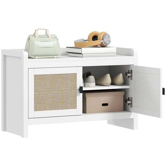 HOMCOM Bohemian Schuhbank mit Rattan-Fronttüren, Abnehmbares Regal für 8 Paar Schuhe für Flur und Schlafzimmer 80x35x52 cm Weiß