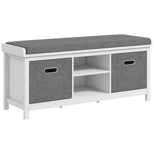 HOMCOM Schuhe-Bank mit verstellbarem 3-stufigem Regal, 2 abnehmbaren Schubladen und Polster, Möbel aus Spanplatte, 105x35x47 cm, Weiß und Grau