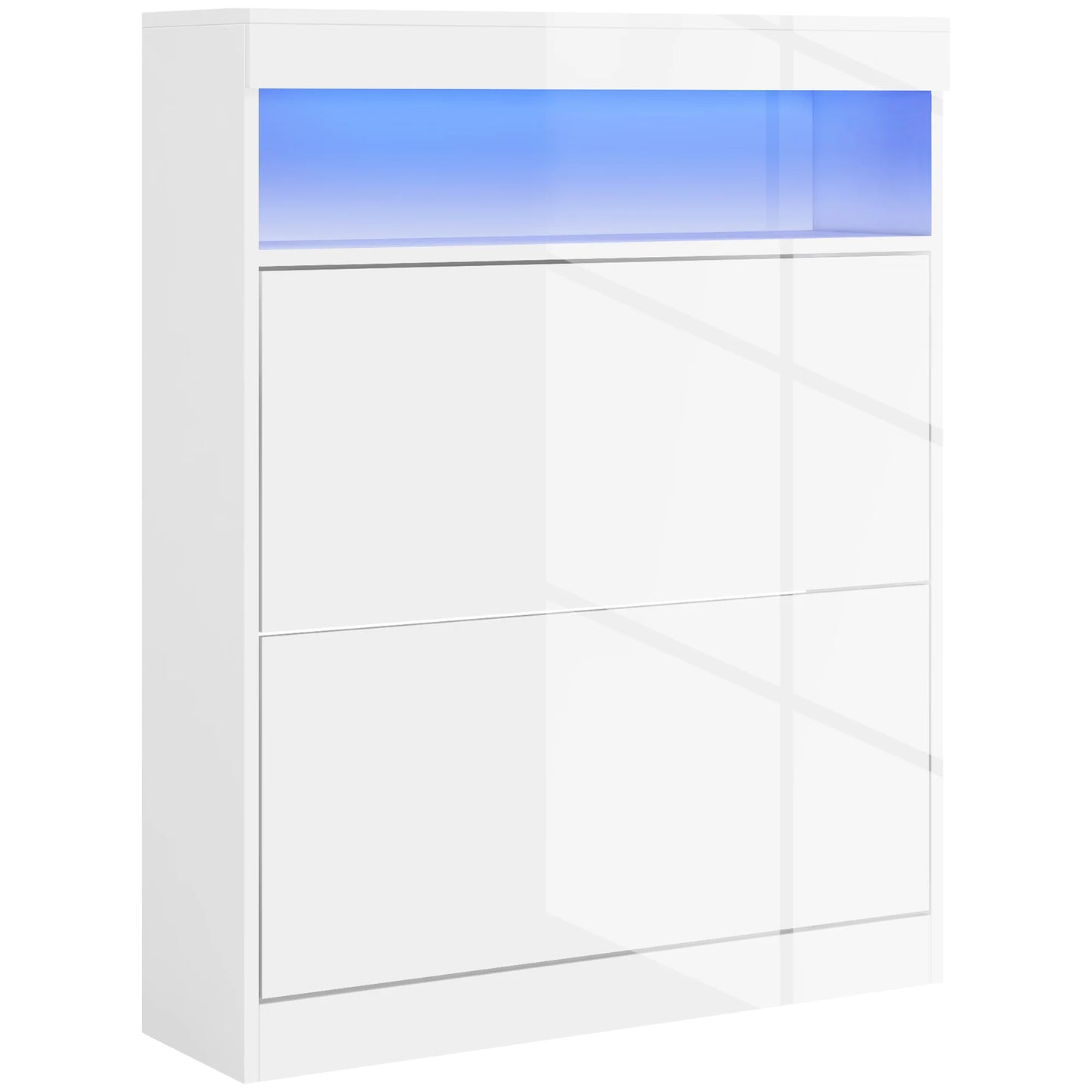 HOMCOM Schuhschrank für den Eingangsbereich, Wandschrank oder freistehend mit LED-Lichtern, offenes Regal und 2 klappbaren Schubladen für 12-16 Paare Schuhe, 80x24x99,5 cm, Hellweiß