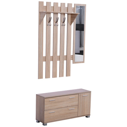 HOMCOM Flurset mit Spiegel, Garderobe und Schuhschrank – Eingangsmöbel mit 3 Haken, Ablage und 2 Schubladen für Flur Eiche