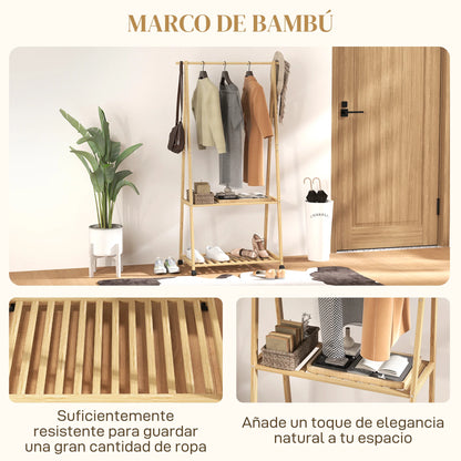 HOMCOM Bambus Kleiderständer mit Rollen, 2 offenen Regalen und 2 Haken, Kleiderständer für Eingangsbereich, Flur, Schlafzimmer 84,5x43,5x158 cm Natur