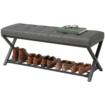HOMCOM Gepolsterte Schuhbank mit Stauraum — Industrial X‑Frame Stahl, PU‑Kunstleder, 220 kg Tragfähigkeit, 112×37×47 cm, Dunkelgrau