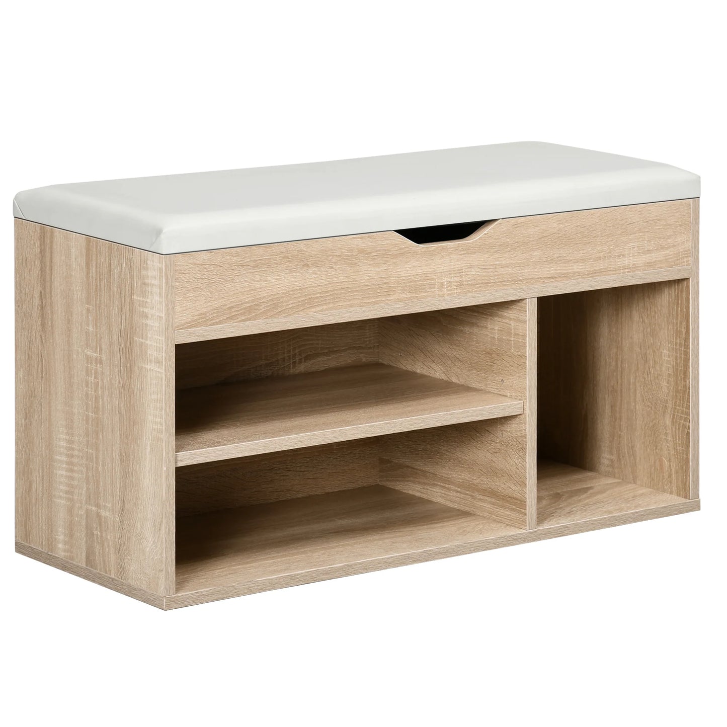 HOMCOM Platzsparender Polster-Schuhe-Schrank, Eingangs-Schränke mit Schuhaufbewahrung, 3 Fächer, PU-Leder Sitzfläche, für Wohnzimmer und Flur, 80x30x43 cm, Holzfarbe