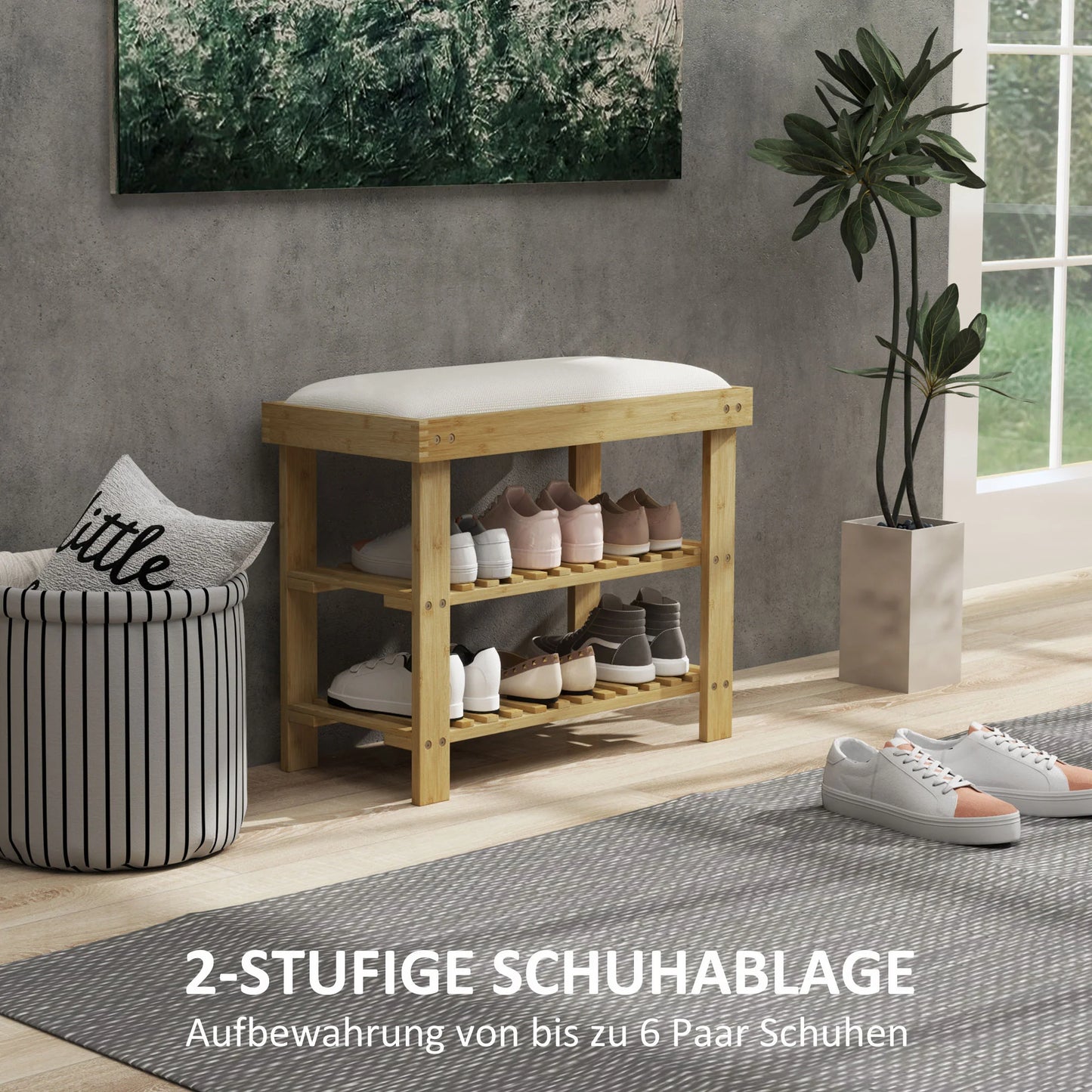 HOMCOM Schuhbank mit Sitzfläche, Bambus Sitzbank mit Stauraum, Schuhregal mit 2 offene Fächer, Sitzbank, Bank, Garderobenbank für Wohnzimmer, Flur, 60 x 29 x 49 cm Cremeweiß