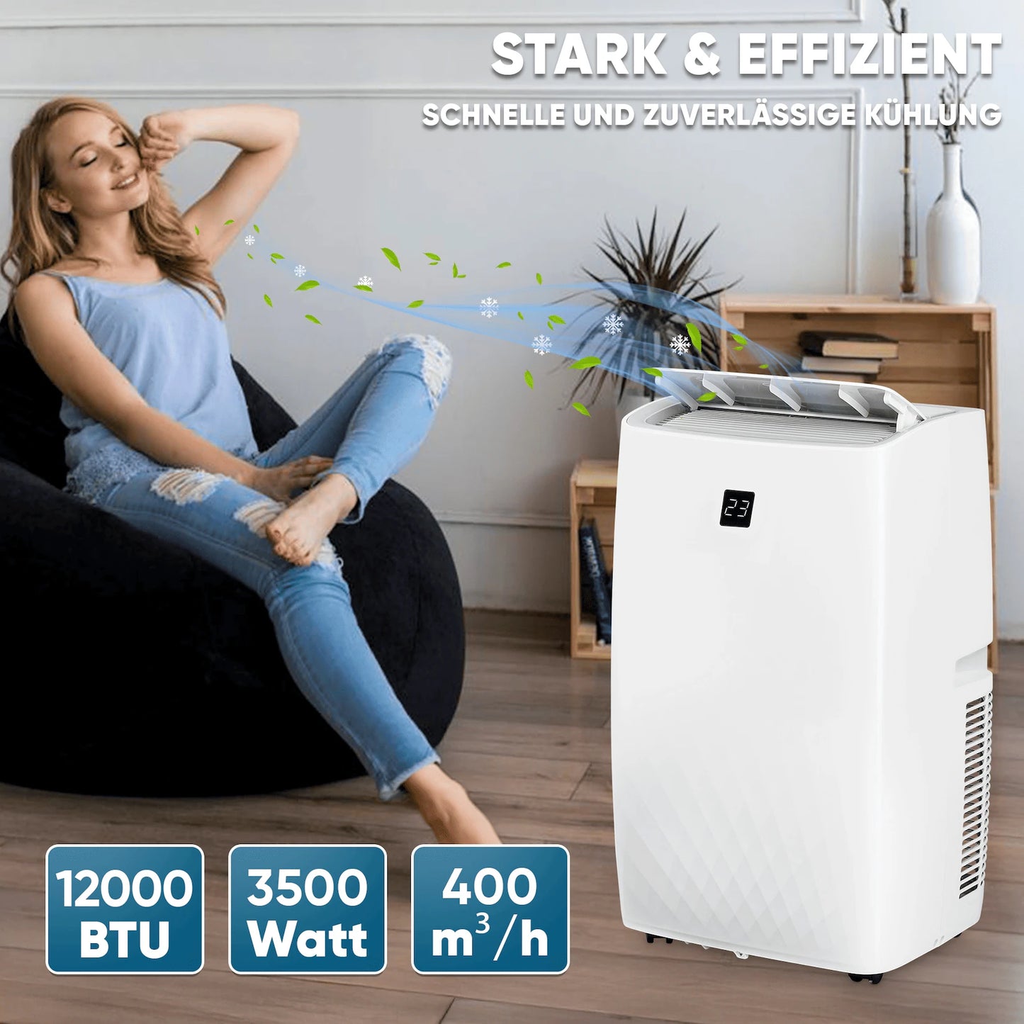 Klimaanlage Mobil 12000 BTU/h (3.500 Watt) - Mobiles Klimagerät 4in1 mit WiFi/App Monoblock Kältemittel - Fernbedienung, 24h-Timer, Luftentfeuchter, Nachtmodus