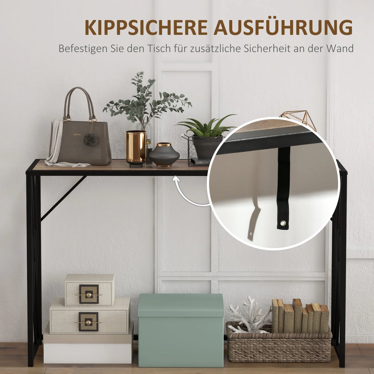 HOMCOM Konsolentisch, Seitentisch mit Stahlbeinen, 120 x 35 x 75 cm, Industriedesign Flurtisch, Beistelltisch für kleine Räume, Eingangsbereich, Flur, Wohnzimmer, Schlafzimmer, Braun