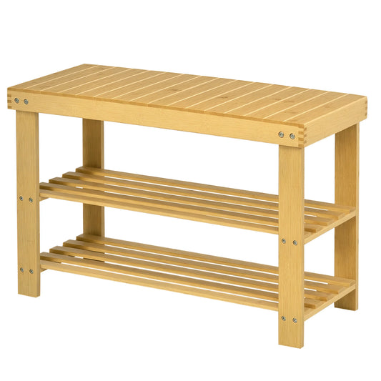 HOMCOM Schuhbank mit Sitzfläche, Bambus Sitzbank mit Stauraum, Schuhregal mit 2 offenen Fächern Garderobenbank für Wohnzimmer, Flur, 70 x 28 x 45 cm Natur