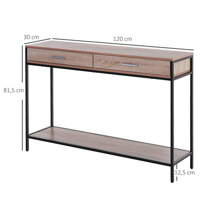 HOMCOM Konsolentisch im Industriestil mit Schubladen und Stahlstruktur für den Eingangsbereich 120x30x81,5 cm Eiche