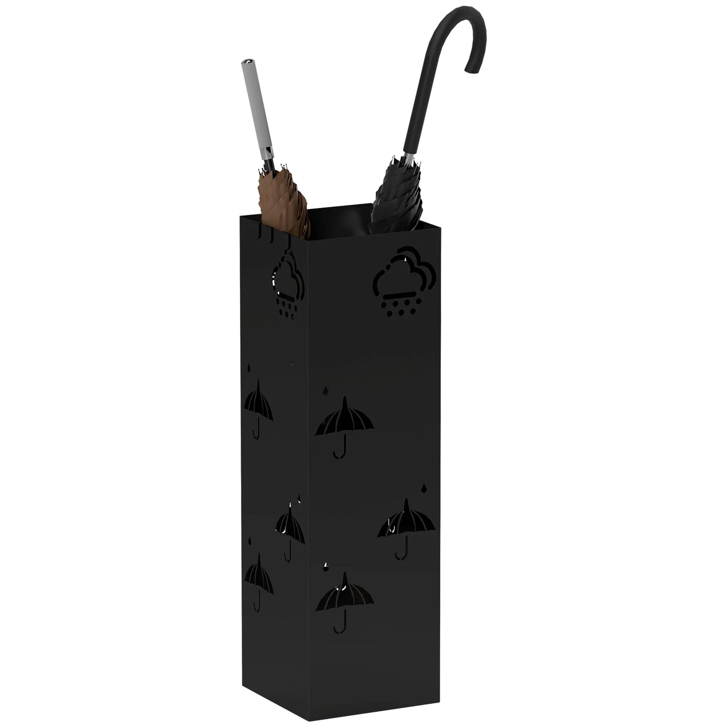 HOMCOM Regenschirmständer mit 4 Haken, abnehmbare Wasserauffangschale, dekorativer Regenschirmhalter für Sonnenschirme, Regentage & Gehstöcke, Stahl 15,5 x 15,5 x 49 cm Schwarz