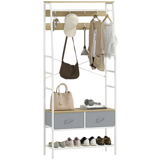 HOMCOM Garderobe mit Schuhregal – Eingangsbereich Garderobe mit Schuhregal, 8 Haken, 2 Stoffschubladen, Maschenregal im industriellen Stil für hängende Kleidung – Flur, Schlafzimmer, Wohnzimmer 80x30x180,5 cm Natur