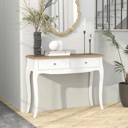 HOMCOM Konsolentisch Flurtisch mit 2 Schubladen im französischen Stil für Flur Schlafzimmer Wohnzimmer 100x35x76,5 cm Weiß und Dunkelbraun