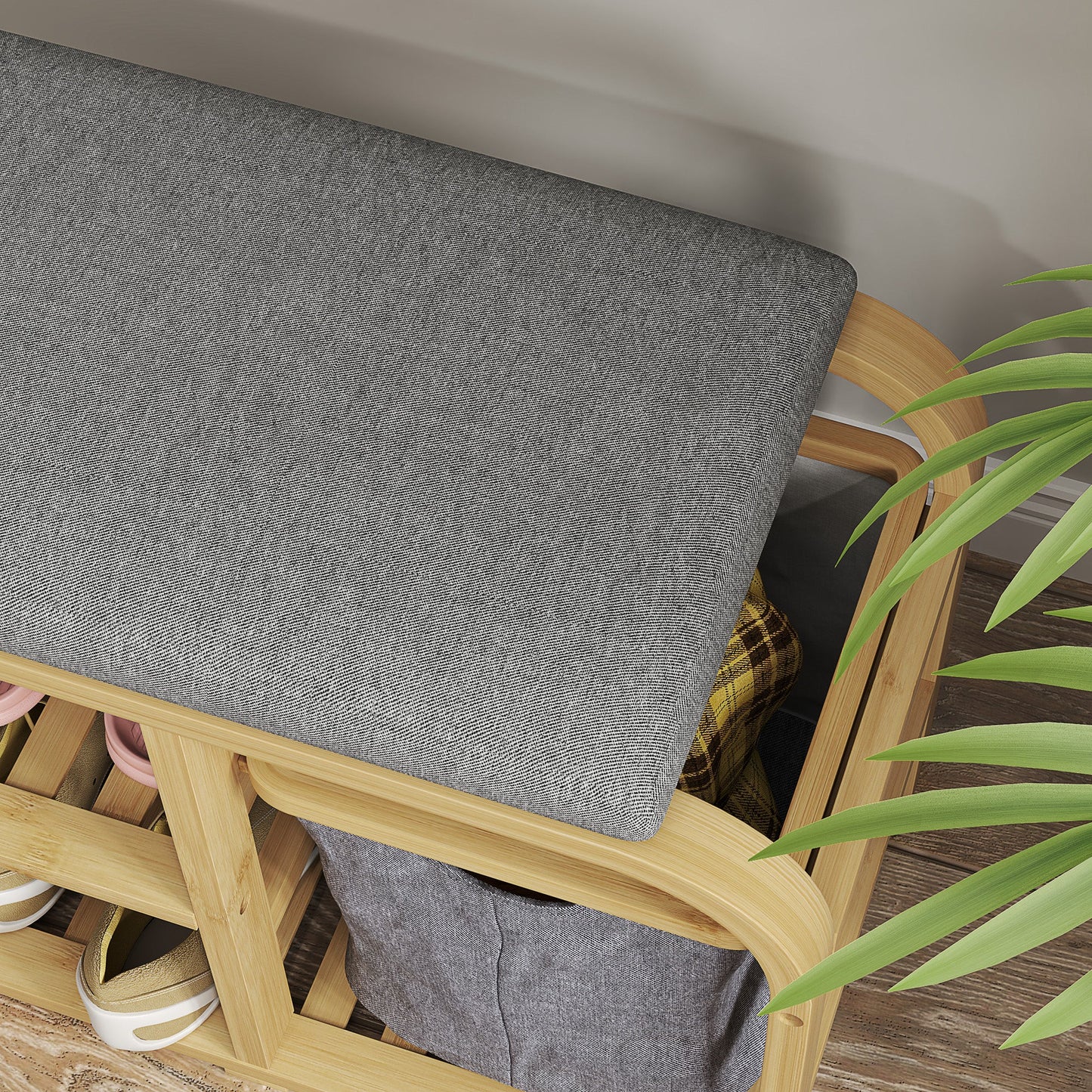 HOMCOM Schuhbank aus Bambus mit gepolsterter Sitzfläche, 2 Lattenregalen und schiebendem Stoffkorb, Flurbank für Flur, Schlafzimmer, 70x30x45cm, Naturholz