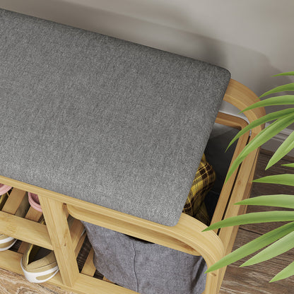 HOMCOM Schuhbank aus Bambus mit gepolsterter Sitzfläche, 2 Lattenregalen und schiebendem Stoffkorb, Flurbank für Flur, Schlafzimmer, 70x30x45cm, Naturholz