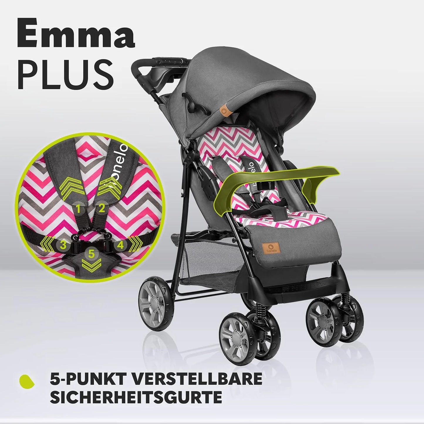 LIONELO Emma Plus Kinderwagen bis zu 15 kg, Kindersportwagen, leicht modern klein Buggy mit Liegeposition, zusammenklappbar, große Räder, großer Korb
