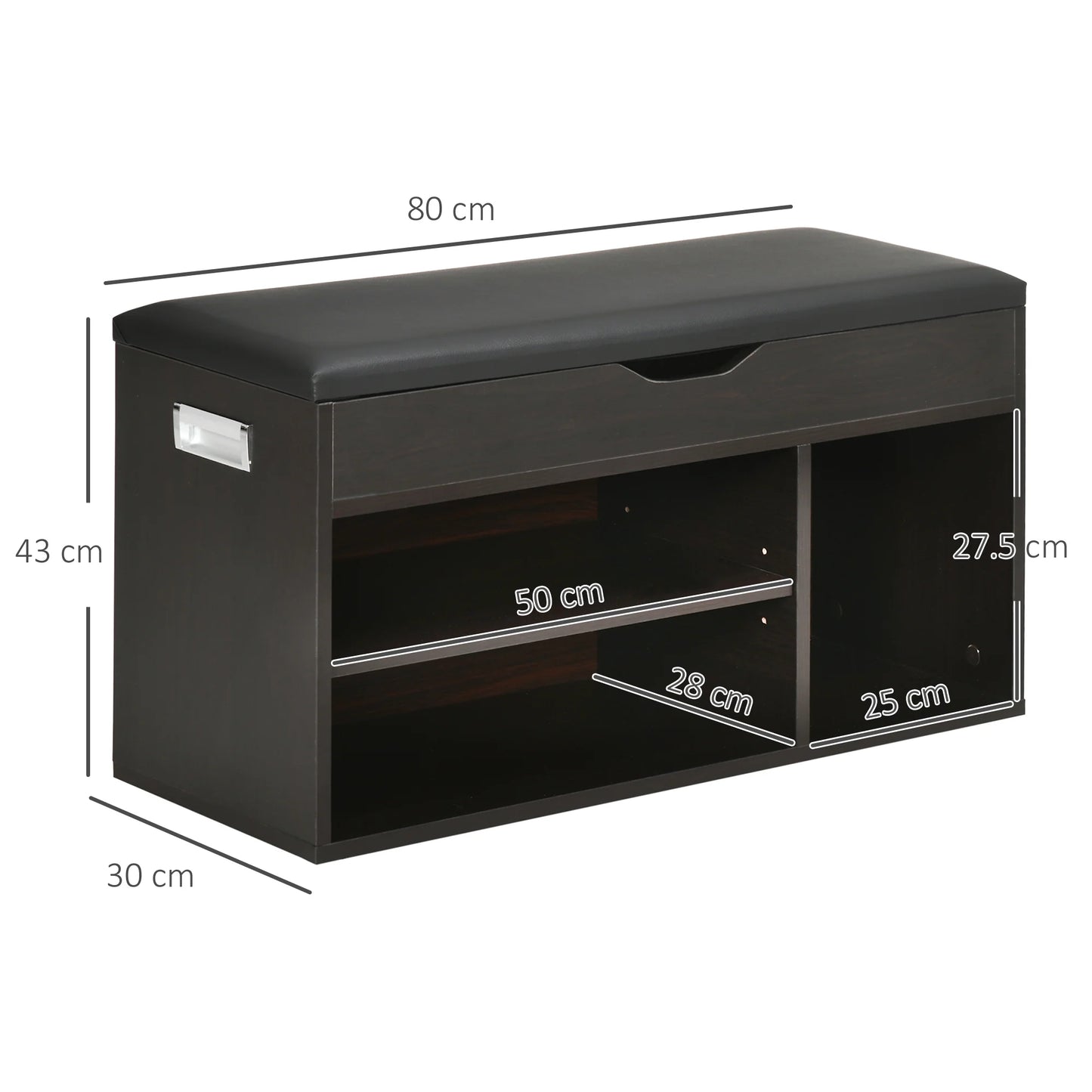 HOMCOM Gepolsteter Schuhschrank für den Eingangsbereich, Schuhschrank mit Schuhregal, 3 Fächer, Sitzfläche aus PU-Leder, für Wohn- und Flurbereich, 80x30x43 cm, Schwarz