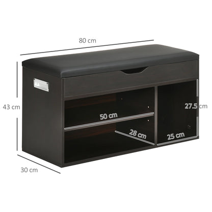 HOMCOM Gepolsteter Schuhschrank für den Eingangsbereich, Schuhschrank mit Schuhregal, 3 Fächer, Sitzfläche aus PU-Leder, für Wohn- und Flurbereich, 80x30x43 cm, Schwarz