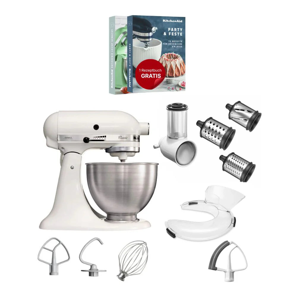KitchenAid 4,3 L 5K45SS Classic Küchenmaschine Set 3 Gemüseschneider+Spritzschutz+Flexirührer