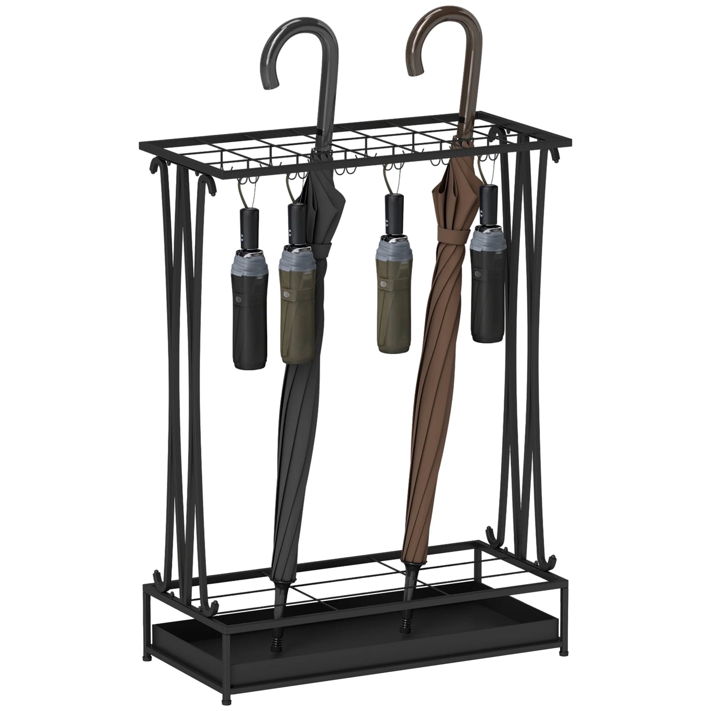 HOMCOM Regenschirmständer aus Stahl Rechteckiger Regenschirmhalter mit 24 Haken, 21 Öffnungen, Abnehmbarer Wassertropfschale für Gehstöcke & Regenschirme 50 x 24 x 68 cm Schwarz
