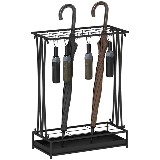 HOMCOM Regenschirmständer aus Stahl Rechteckiger Regenschirmhalter mit 24 Haken, 21 Öffnungen, Abnehmbarer Wassertropfschale für Gehstöcke & Regenschirme 50 x 24 x 68 cm Schwarz