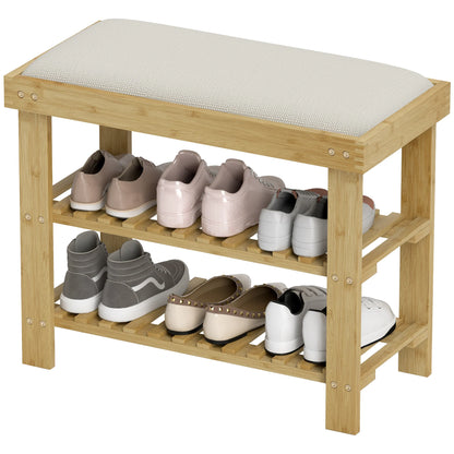 HOMCOM Schuhbank mit Sitzfläche, Bambus Sitzbank mit Stauraum, Schuhregal mit 2 offene Fächer, Sitzbank, Bank, Garderobenbank für Wohnzimmer, Flur, 60 x 29 x 49 cm Cremeweiß