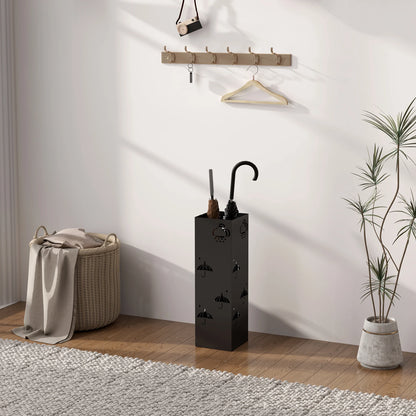 HOMCOM Regenschirmständer mit 4 Haken, abnehmbare Wasserauffangschale, dekorativer Regenschirmhalter für Sonnenschirme, Regentage & Gehstöcke, Stahl 15,5 x 15,5 x 49 cm Schwarz