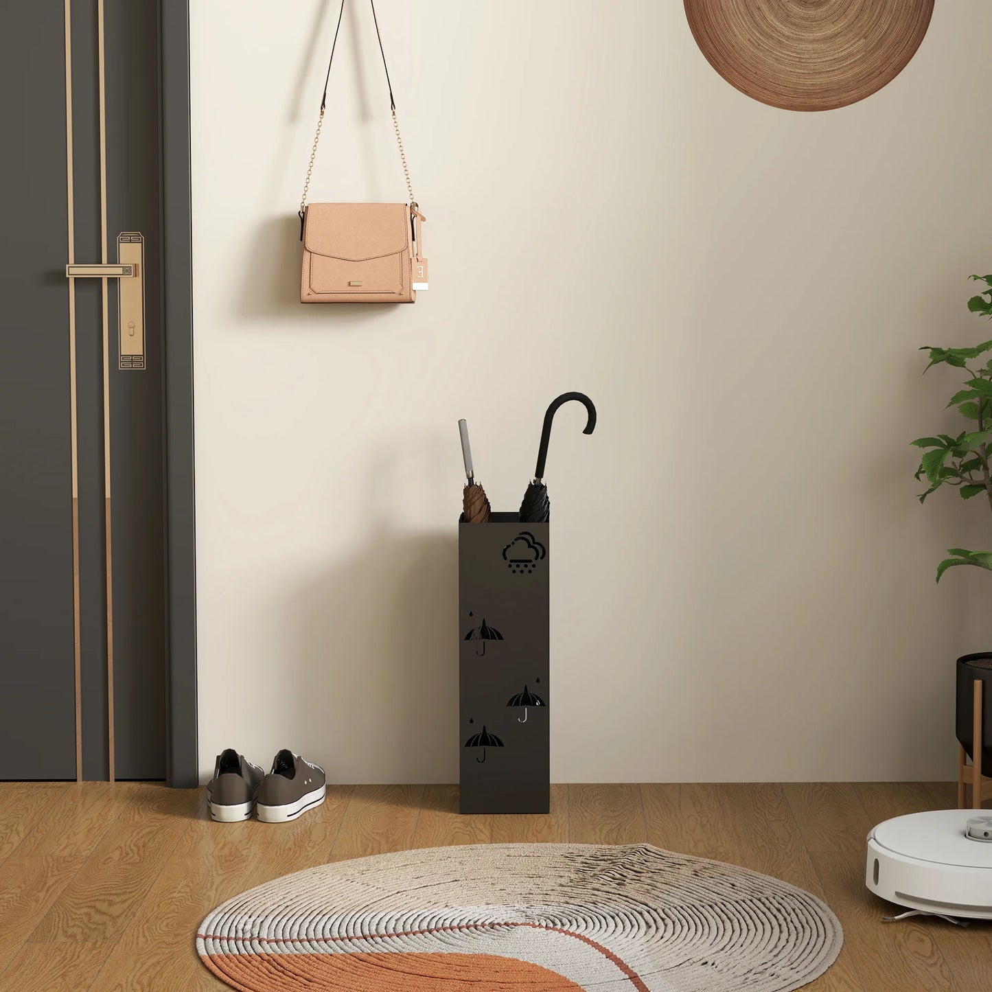 HOMCOM Regenschirmständer mit 4 Haken, abnehmbare Wasserauffangschale, dekorativer Regenschirmhalter für Sonnenschirme, Regentage & Gehstöcke, Stahl 15,5 x 15,5 x 49 cm Schwarz