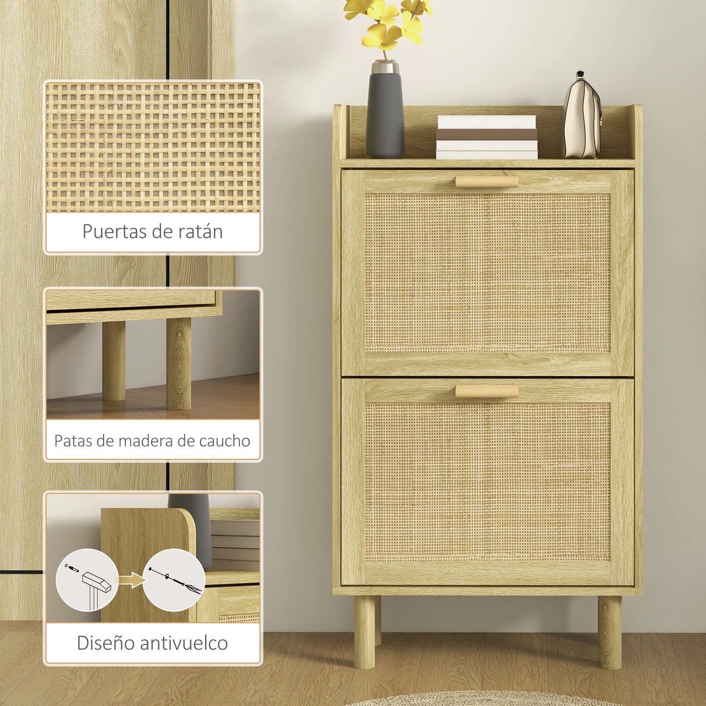 HOMCOM Schuhschrank für den Eingangsbereich im Bohemian-Stil – Schuhschrank für 18 Paar Schuhe mit 2 Klappschubladen und 1 offenen Regal – Schmaler Schuhschrank für Flur 80x24,5x110 cm Eiche