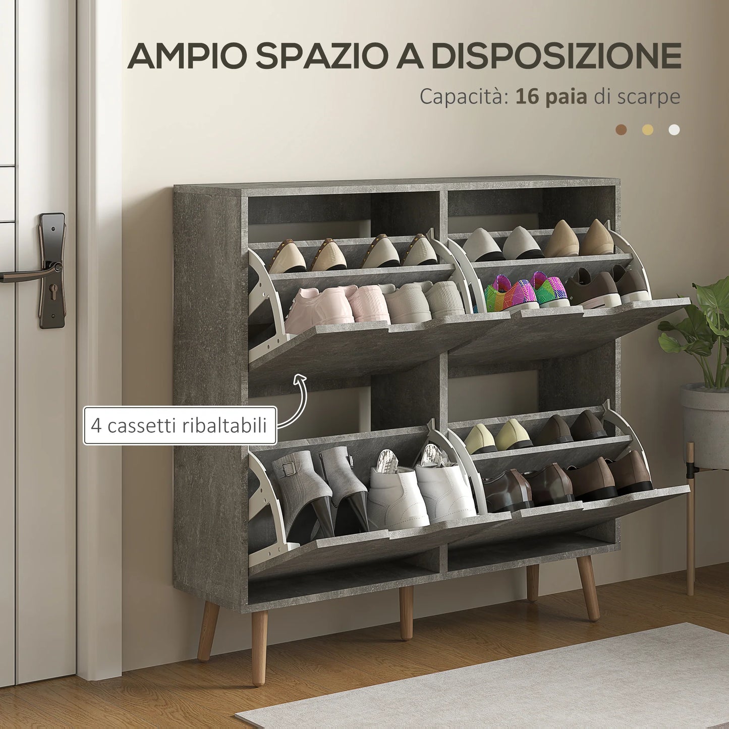 HOMCOM Schuhschrank für den Eingangsbereich mit 4 Klapptüren auf 2 Ebenen für 16 Paar Schuhe, platzsparender Schuhschrank mit verstellbaren Regalen aus Spanplatte und Kiefernholz, 95x26x95 cm, Grau