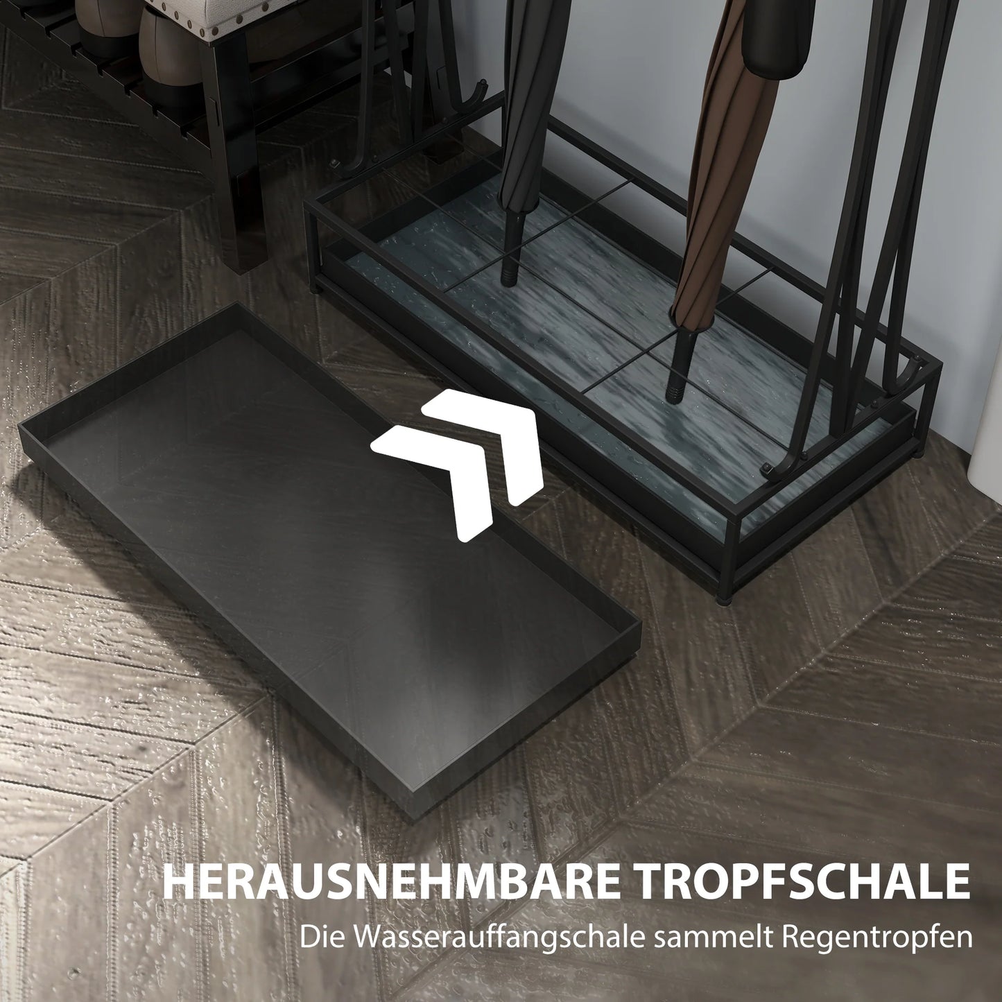HOMCOM Regenschirmständer aus Stahl Rechteckiger Regenschirmhalter mit 24 Haken, 21 Öffnungen, Abnehmbarer Wassertropfschale für Gehstöcke & Regenschirme 50 x 24 x 68 cm Schwarz