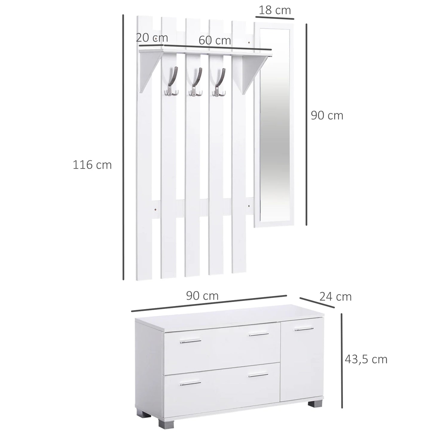 HOMCOM Eingangsset mit Spiegel, Garderobe und Schuhschrank – Eingangsbereich Möbel mit 3 Haken, Regal und 2 Schubladen für Diele in Weiß