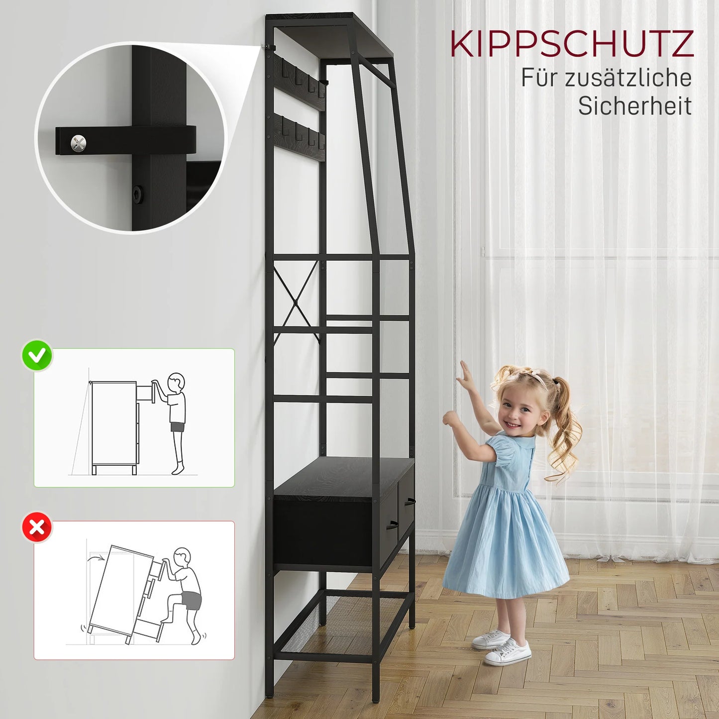 HOMCOM Garderobenständer, Kleiderstange mit Schuhregal, 2 Stoffschubladen, Garderobe mit 8 Haken, Regal, Garderobenständer mit Kippschutz, für Eingangsbereich, Flur, Schlafzimmer, Schwarz