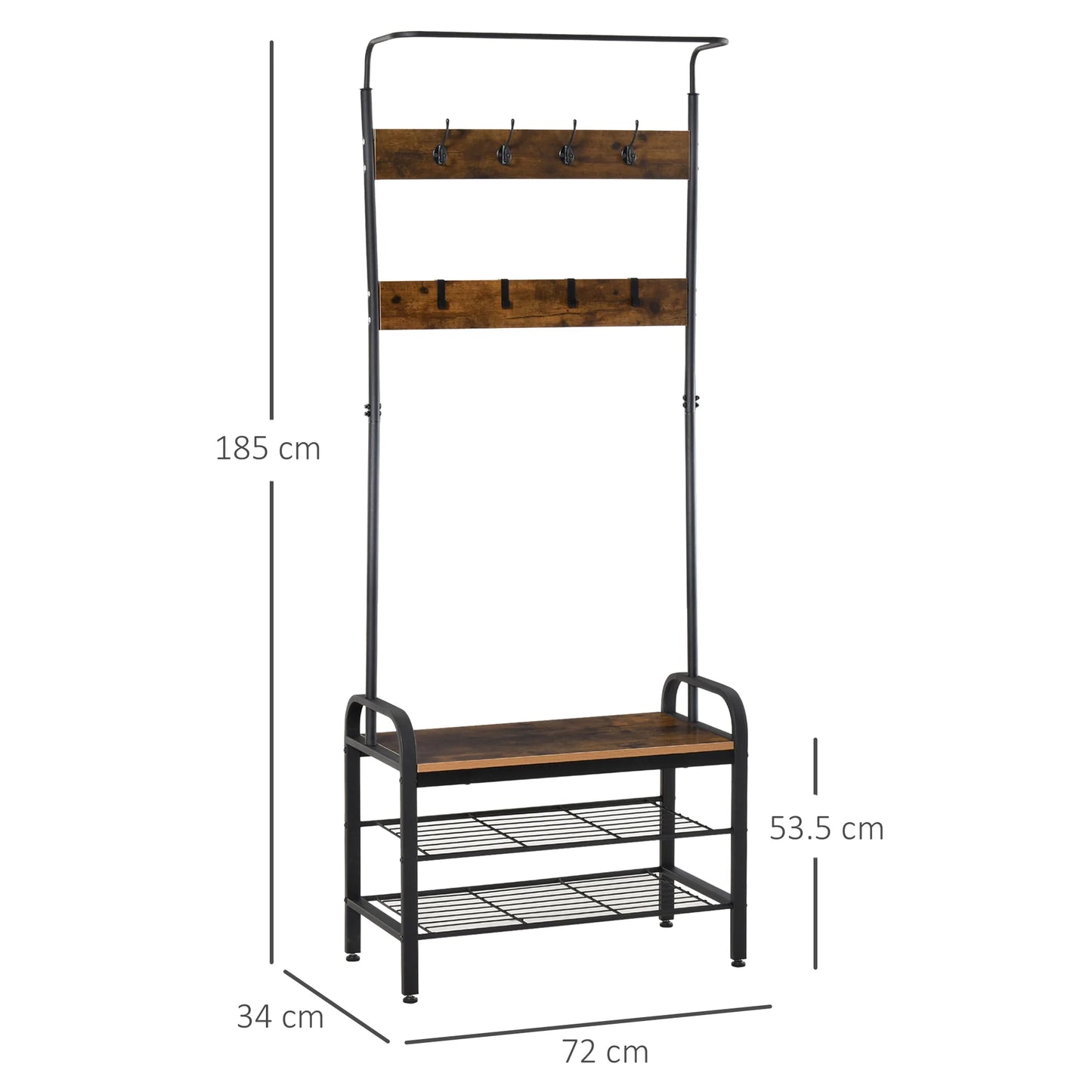 HOMCOM Kleiderständer Schuhregal mit 8 Haken und 2 Ablagen MDF Schwarz 72,8 x 34 x 182 cm