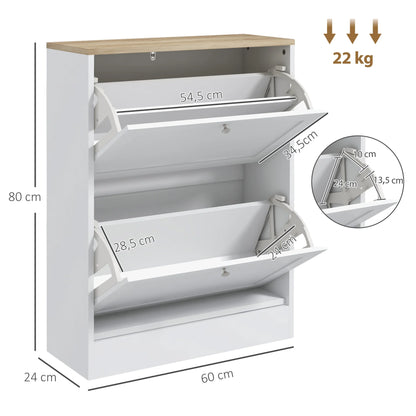 HOMCOM Schuhschrank für 12 Paare, schmaler Schuhaufbewahrungsschrank, modernes Möbelstück für den Eingangsbereich mit 2 Klappschubladen und verstellbaren Regalen, für Flur und Eingangsbereich, 60 x 24 x 80 cm, Weiß