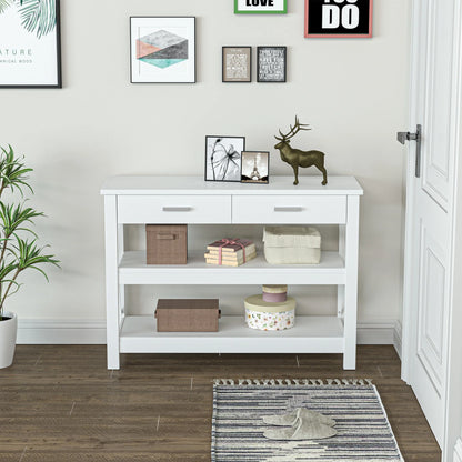 HOMCOM Konsolentisch Flurtisch mit 2 Schubladen und unteren Regalen Moderner Stil Metallrahmen 105x40x76 cm Weiß
