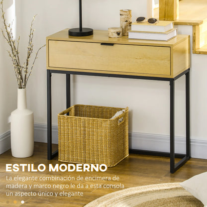 HOMCOM Konsolentisch mit Schublade Moderner Beistelltisch mit Stahlbeinen für Flur, Wohnzimmer, Schlafzimmer 80x30x76 cm Natur