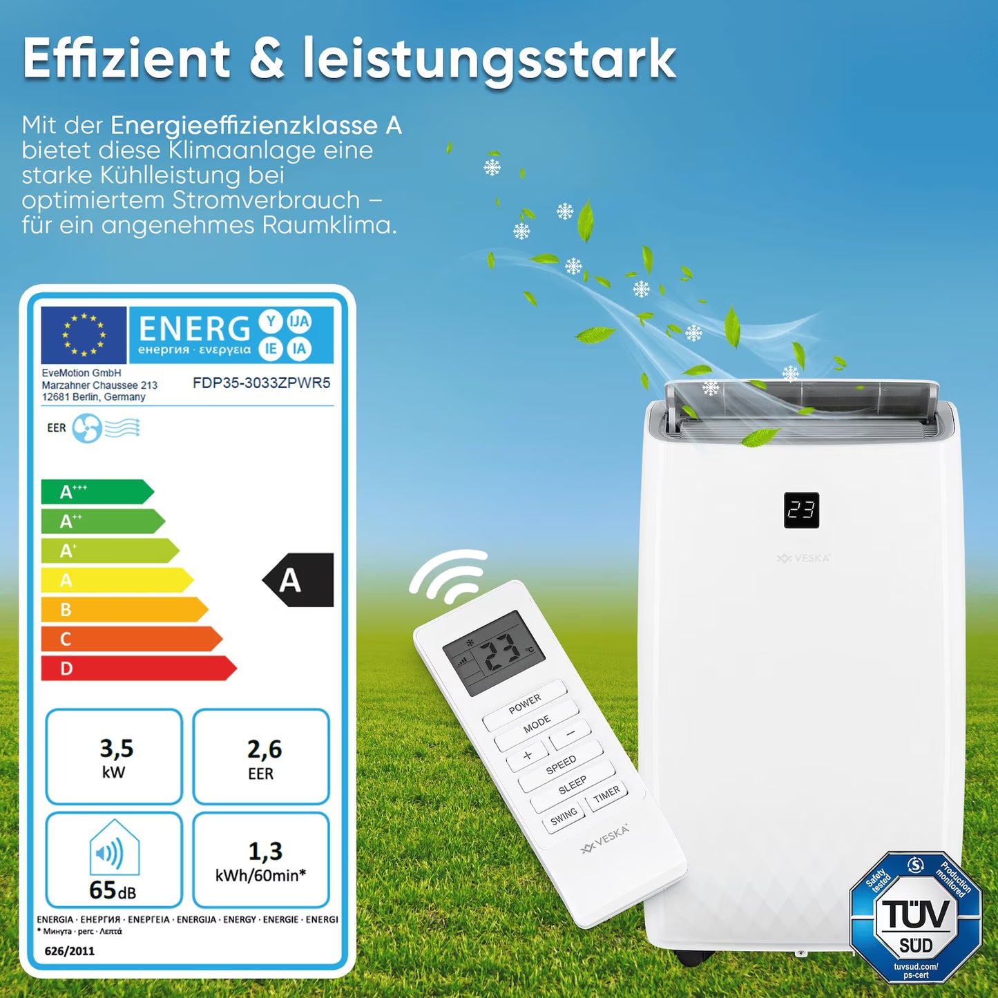 Klimaanlage Mobil 12000 BTU/h (3.500 Watt) - Mobiles Klimagerät 4in1 mit WiFi/App Monoblock Kältemittel - Fernbedienung, 24h-Timer, Luftentfeuchter, Nachtmodus