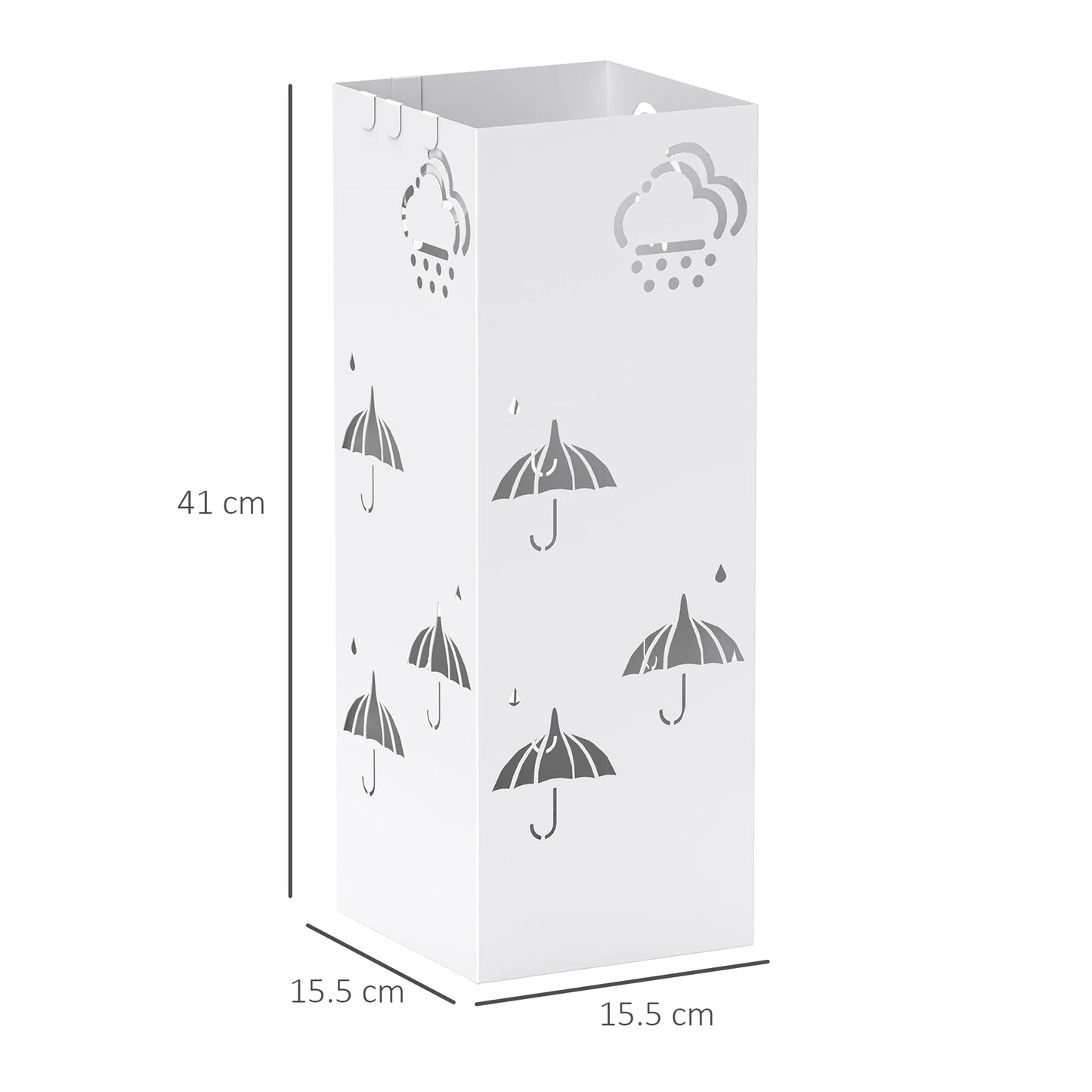 HOMCOM Regenschirmständer aus Stahl mit 4 Haken und abnehmbarem Tropfbehälter – Weißer Regenschirmhalter für Flur und Büro 15,5x15,5x41 cm