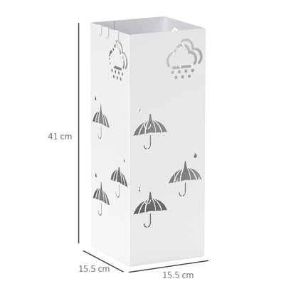 HOMCOM Regenschirmständer aus Stahl mit 4 Haken und abnehmbarem Tropfbehälter – Weißer Regenschirmhalter für Flur und Büro 15,5x15,5x41 cm