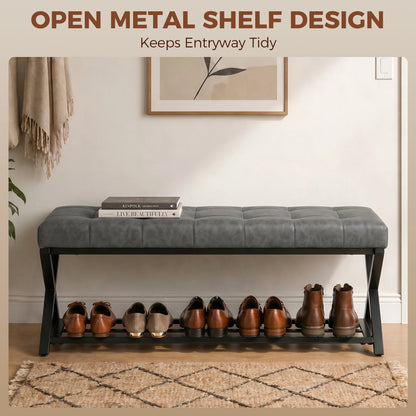 HOMCOM Gepolsterte Schuhbank mit Stauraum — Industrial X‑Frame Stahl, PU‑Kunstleder, 220 kg Tragfähigkeit, 112×37×47 cm, Dunkelgrau
